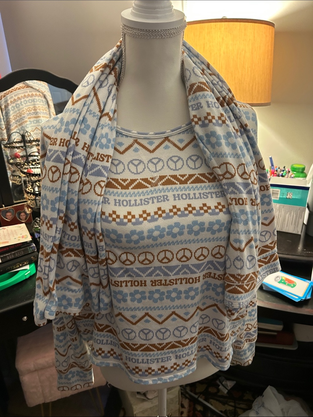 Hollister Blue & Brown Patterned Lounge Top and Cardigan Set